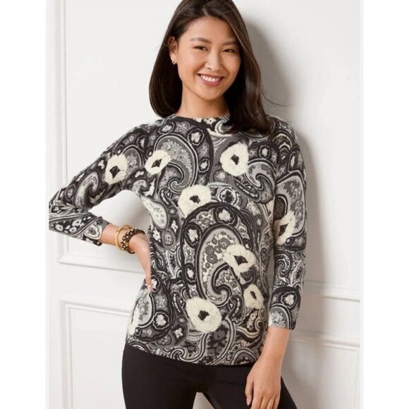 Talbots Audrey Cashmere Sweater Abstract Paisley Black White 3/4 Sleeve Small - Picture 1 of 6